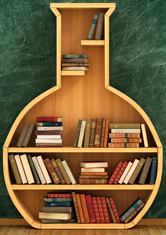 Concept of chemistry. Bookshelf full of books in form of test-tube with chemistry draw on whiteboard.