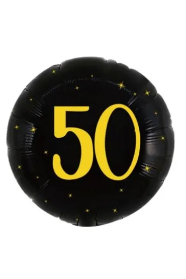 Balon foliowy 50 urodziny, okr�g�y, czarno z�oty, 45cm