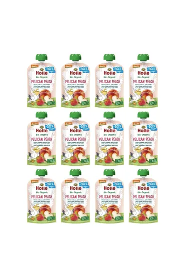 Holle Mus Brzoskwiniowy Pelikan (brzoskwinia - truskawka - jab�ko - owies) bezglutenowy po 6. miesi�cu �ycia Demeter Zestaw 12 x 100 ml Bio