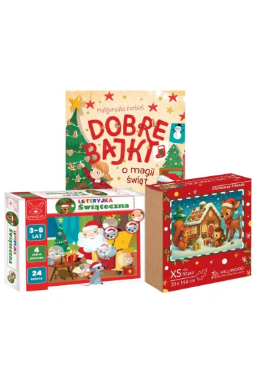 Paczka od Miko�aja: Dobre bajki o magii �wi�t, Puzzle drewniane 90 el. �wi�teczni przyjaciele, Loteryjka �wi�teczna