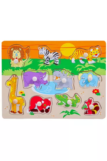 Uk�adanka drewniana z uchwytami. Zwierz�ta Zoo Smily Play