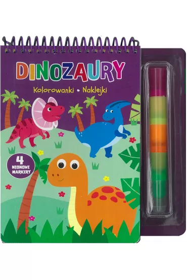 Dinozaury. Kolorowanki, naklejki, 4 neonowe markery