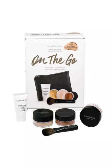 bareMinerals Zestaw On The Go Baza pod makija� + Sypki podk�ad mineralny + Puder mineralny + Sypki puder br�zuj�cy  + P�dzel + Kosmetyczka 15 ml + 2 g + 2 g + 1.5 g