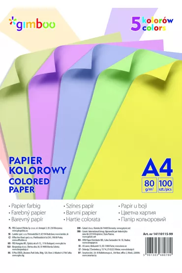 Gimboo Papier kolorowy A4 5 kolor�w pastelowych 80 g/m2 100 kartek