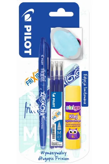 Pi�ro kulkowe Frixion Pilot niebieskie + wk�ad Frixion niebieski x3+klej szybkoschn�cy + gumka owalna blister