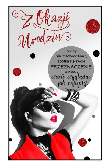 AbCard Karnet Urodziny damskie brokat - czerwone usta i czarne okulary BRW09