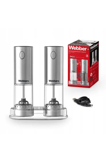 Webber Elektryczny m�ynek do soli i pieprzu akumulatorowy USB zestaw regulacja mielenia pod�wietlenie 2 x 70 ml
