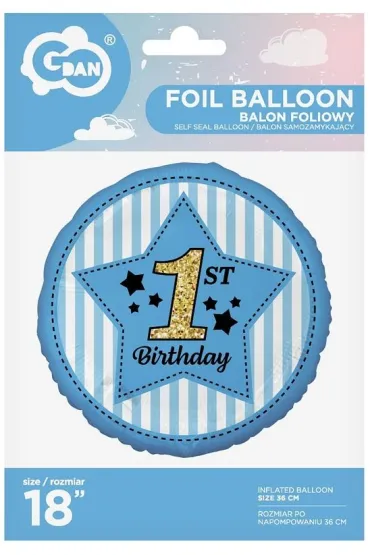 Godan Balon foliowy 1st Birthday niebieski 45cm