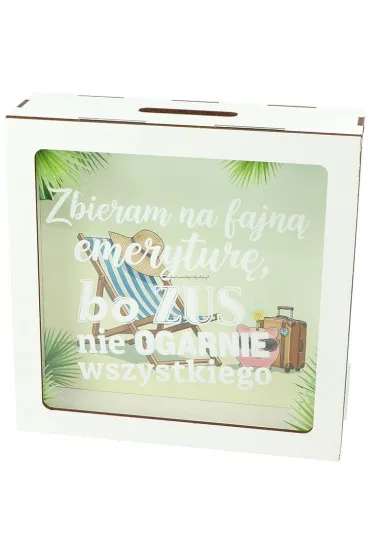 Skarbonka drewniana "zbieram na fajn� emerytur�..." (17,5x17,5x5,5cm)