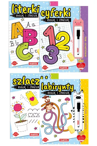 Pakiet Rysuj� i zmazuj�: Literki z flamastrem, Cyferki z flamastrem, Szlaczki, Labirynty - Katarzyna Salamon