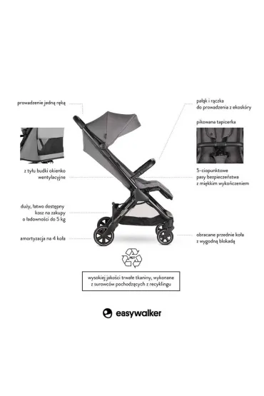 Easywalker Jackey Kompaktowy, samosk�adaj�cy si� w�zek spacerowy z torb� transportow� Marble Grey
