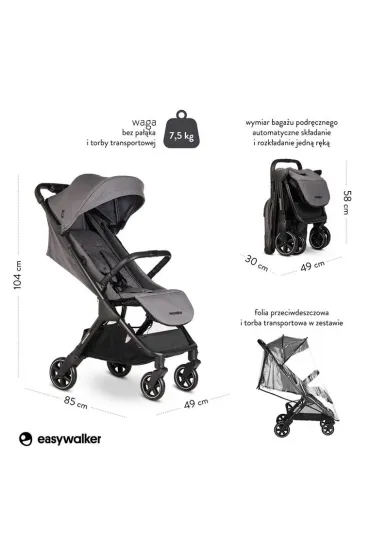 Easywalker Jackey Kompaktowy, samosk�adaj�cy si� w�zek spacerowy z torb� transportow� Marble Grey