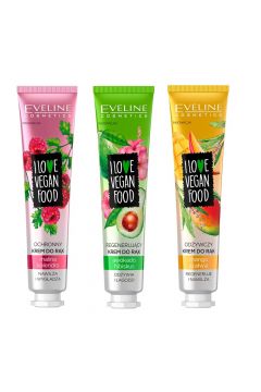 Eveline Cosmetics I Love Vegan Food Hand Cream zestaw ochronny krem do rk Malina & Kolendra + regenerujcy krem do rk Awokado & Hibiskus + odywczy krem do rk Mango & Szawia 6 x 50 ml + 6 x 50 ml + 6 x 50 ml
