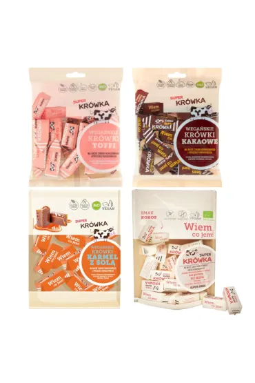 Super Kr�wka Zestaw Kr�wki bezmleczne: toffi, kakaowe, kokosowe, karmel z sol� 4 x 150 g Bio
