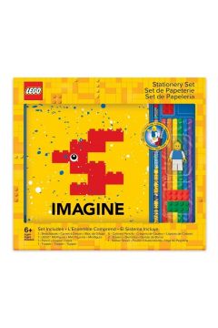 Szkicownik LEGO z zestawem 6 kredek, ołówkiem, 2 gumkami, naklejkami, klockiem do mocowania i Minifigurką