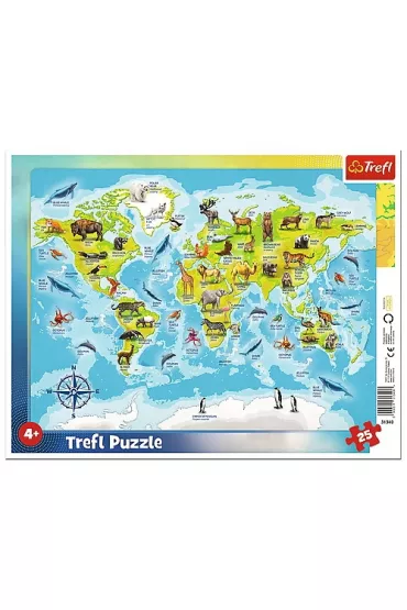 Puzzle ramkowe 25 el. Mapa �wiata ze zwierz�tami Trefl