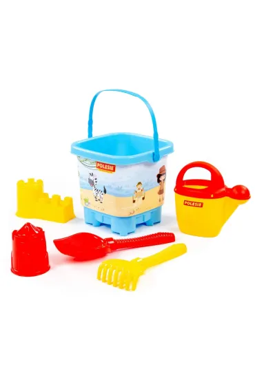 Zestaw Nr 593: wiaderko-zamek du�e z nalepk�, �opata Nr6, grabki Nr6, foremki (zamek wie�a + zamek most), konewka Nr10 Polesie