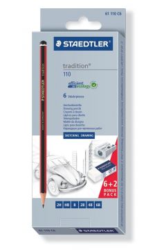 Staedtler Zestaw ołówków Tradition, 6 sztuk (2H, HB, B, 2B, 4B, 6B), + gumka + temperówka