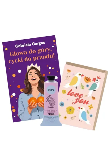 Pakiet: G�owa do g�ry, cycki do przodu!, Naturalny krem do r�k Rabarbar i R�a, Kartka okoliczno�ciowa Papu�ki, eko koperta K029