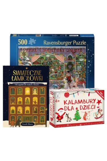 Paczka od Miko�aja: �wi�teczne �amig��wki. 150 zagadek dla ma�ych i du�ych, Kalambury dla dzieci, Puzzle 500 el. Sklep �wi�teczny