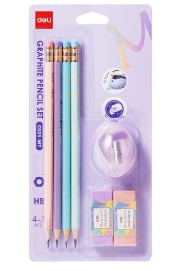 Deli Zestaw o��wki HB Macaron 4szt. + gumka 2szt.+ temper�wka 1szt. blister