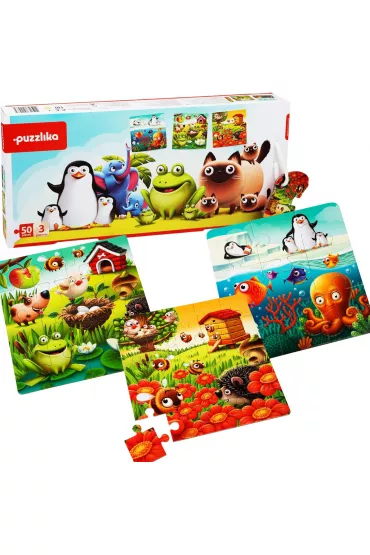 Puzzle 3w1 50 el. Puzzlika. �wiat zwierz�tek Cubika