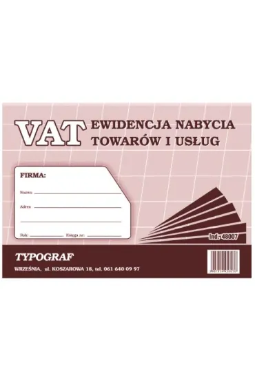 Druki offsetowe Typograf ewidencja vat - nabycie towar�w i us�ug A5 80 (48007)