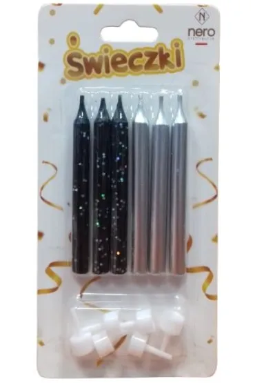 �wieczki na tort czarno-srebrne 8cm 6 szt.