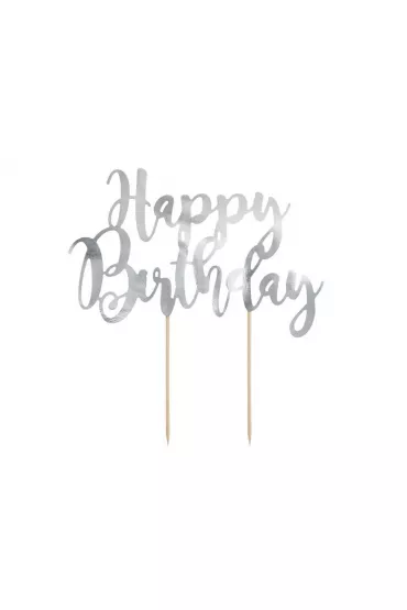 PartyDeco Topper na tort Happy Birthday srebrny 22.5 cm