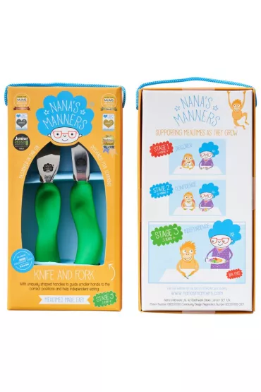 Nana`s Manners Etap 3, Sztu�ce do samodzielnego jedzenia, widelec i n�, zielone, 3-9 lat 2 el.
