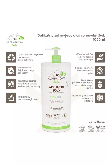 Alphanova Bebe Bio, Delikatny el myjcy dla niemowlt 2 w 1 1 l