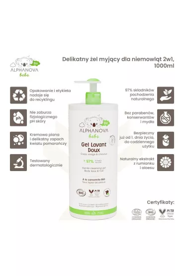 Alphanova Bebe Bio, Delikatny el myjcy dla niemowlt 2 w 1 1 l