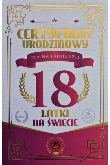 Yeku Karnet Certyfikat Urodzinowy 18 urodziny damskie