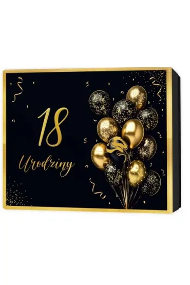 Pude�ko prezentowe 18 urodziny, czarne i z�ote balony (22,5x17,5x4cm)