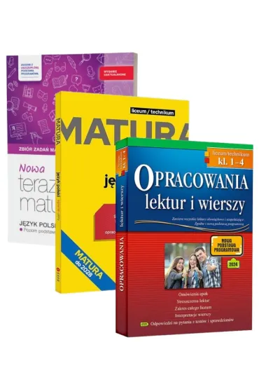Pakiet Matura 2026: Nowa Teraz matura. J�zyk polski. Zbi�r zada� maturalnych. Matura pisemna. Poziom podstawowy i rozszerzony, J�zyk polski. Egzamin ustny. Repetytorium maturalne, Opracowania lektur i wierszy