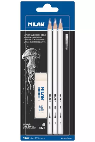 Milan Bia�e o��wki z grubym w�glowym grafitem + gumka 3 szt.