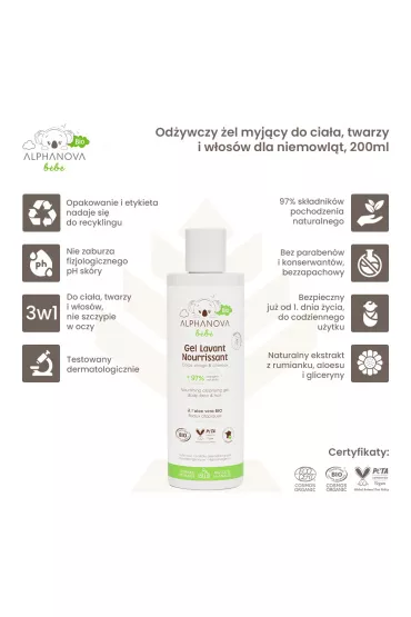 Alphanova Bebe Bio, Odywczy el myjcy do ciaa, twarzy i wosw dla niemowlt 200 ml