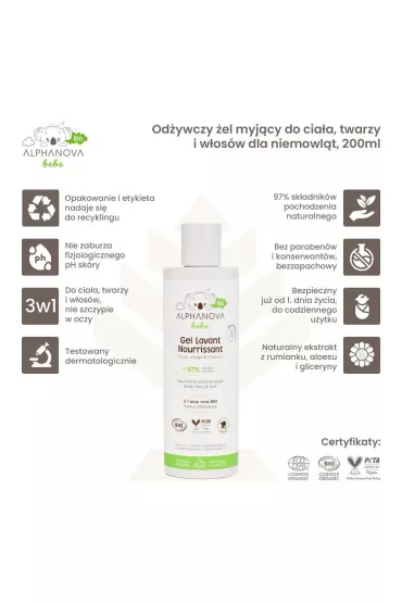 Alphanova Bebe Bio, Odywczy el myjcy do ciaa, twarzy i wosw dla niemowlt 200 ml