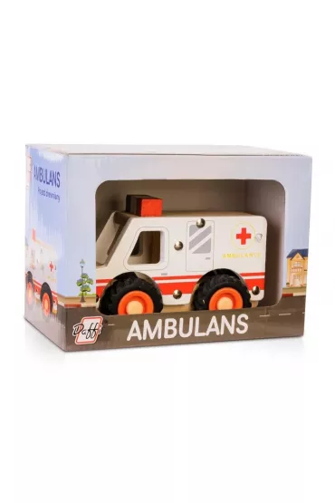 Drewniane auto z oponami - ambulans Daffi