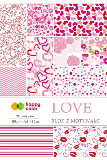 Happy Color Blok z motywami LOVE, A4, 80g, 15 arkuszy, 30 motyw�w 80 g 15 kartek