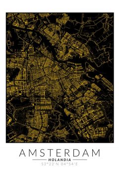 Amsterdam zota mapa. Plakat 70x100 cm