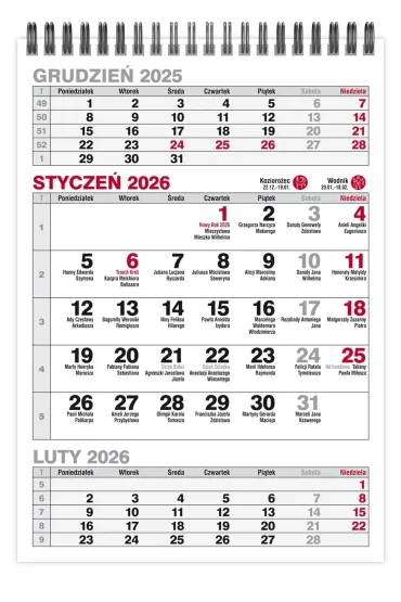 Kalendarz 2026 biurkowy pionowy tr�jdzielny na spirali KBA5-TR