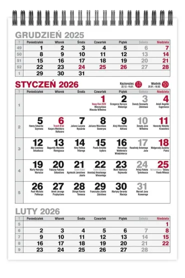 Kalendarz 2026 biurkowy pionowy tr�jdzielny na spirali KBA5-TR