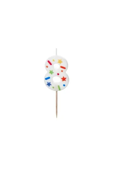 PartyDeco �wieczka urodzinowa 8 bia�a konfetti 5.5cm