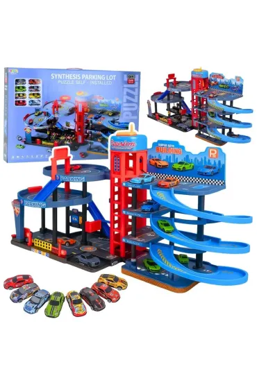 Parking z 8 metalowymi autkami tor 4 poziomy LeanToys