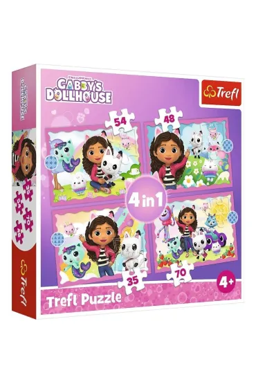 Pakiet: 300 naklejek. Koci Domek Gabi, Puzzle 4w1 - Przygody Gabi. Koci Domek Gabi (35+48+54+70 el.), Czarny Piotru� - Koci Domek Gabi, Gigantyczny notes z zadaniami. Koci Domek Gabi