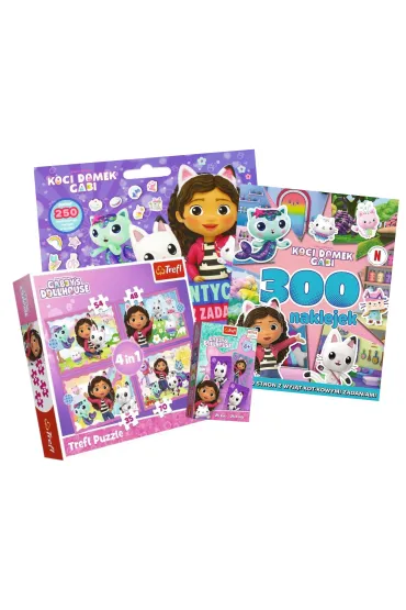 Pakiet: 300 naklejek. Koci Domek Gabi, Puzzle 4w1 - Przygody Gabi. Koci Domek Gabi (35+48+54+70 el.), Czarny Piotru� - Koci Domek Gabi, Gigantyczny notes z zadaniami. Koci Domek Gabi