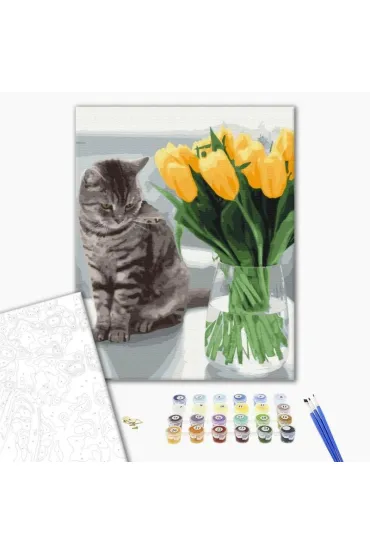 Brushme Malowanie po numerach - Kot z tulipanami 40x50cm