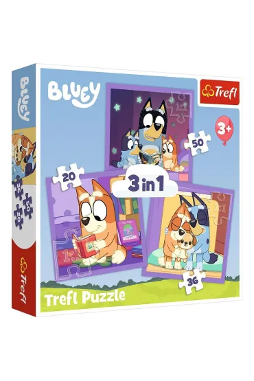 Pakiet: Oto Bluey! Zabawy i zadania z naklejkami, Naklejamy! Bluey. Ksi��ka do wyklejania, Bluey. Dobranoc, owocowy nietoperzu. Moja czytanka, Puzzle 3w1 (20+36+50 el.) Poznaj Bluey