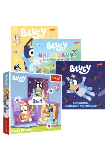 Pakiet: Oto Bluey! Zabawy i zadania z naklejkami, Naklejamy! Bluey. Ksi��ka do wyklejania, Bluey. Dobranoc, owocowy nietoperzu. Moja czytanka, Puzzle 3w1 (20+36+50 el.) Poznaj Bluey